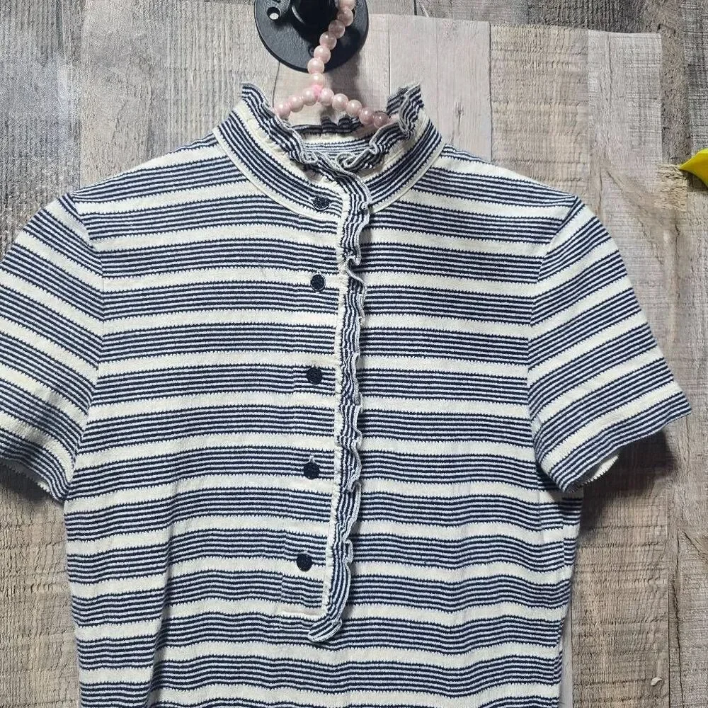 Tory Burch Lidia Ruffle Trim Navy Cream Polo Shirt XS Designer Luxury Preppy